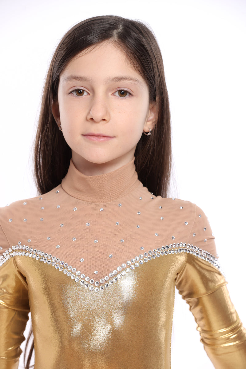 Costum gimnastica auriu cu cristale