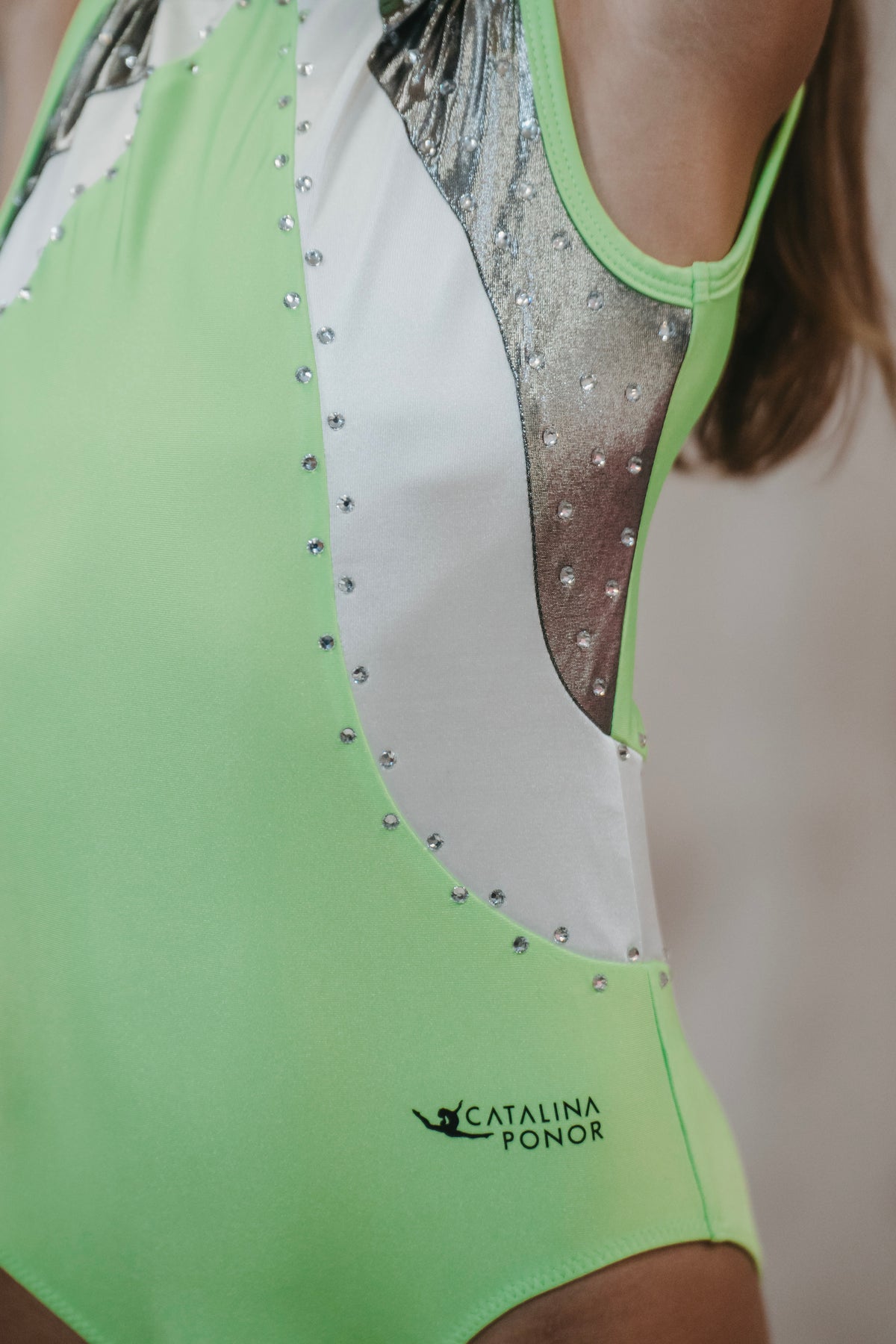 Body gimnastica fete verde neon cu strasuri