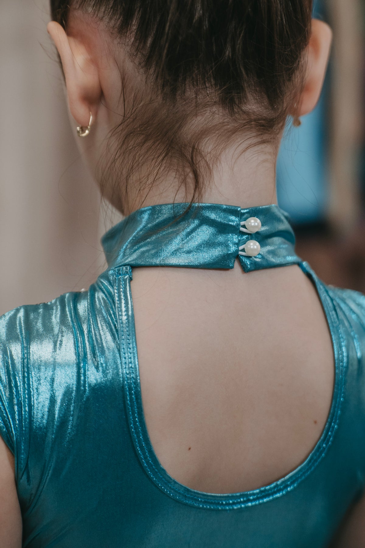 Costum gimnastica artistica turcoaz metalic